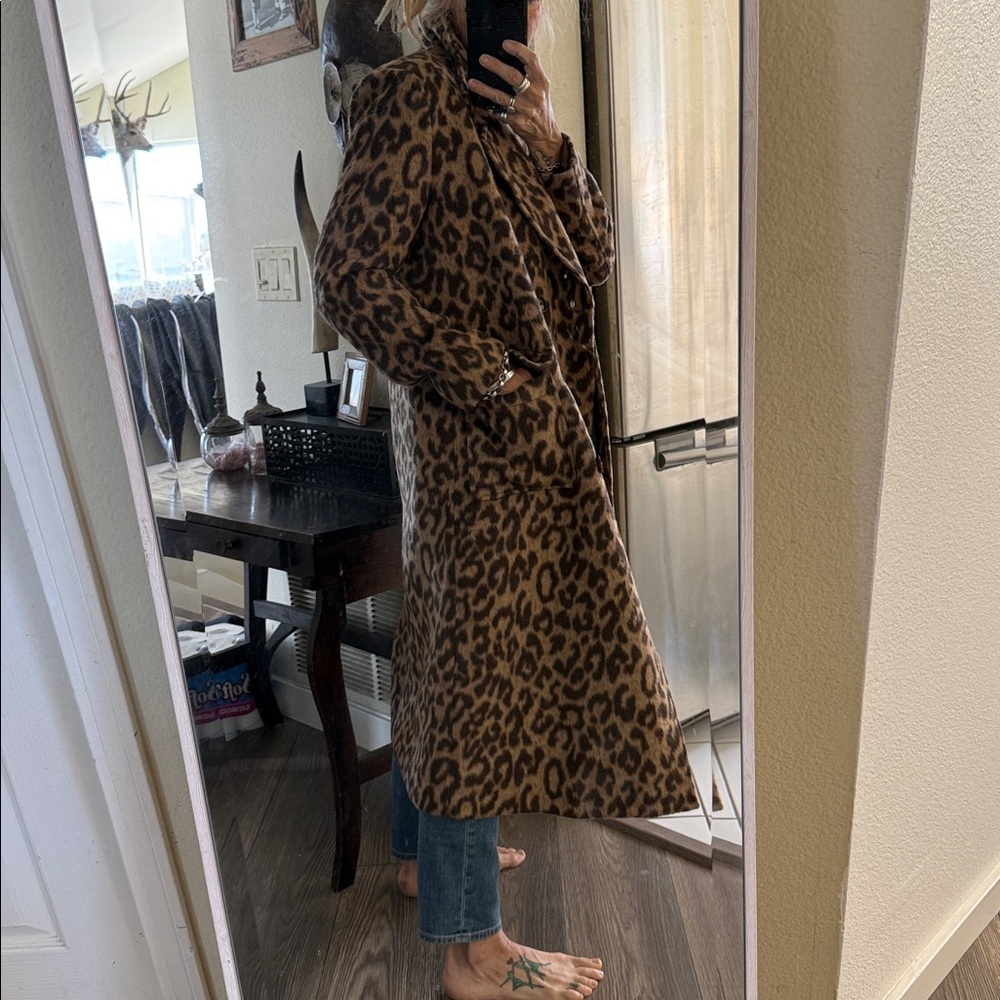 Leopard Print Long Coat structured shoulders Vtg - image 15